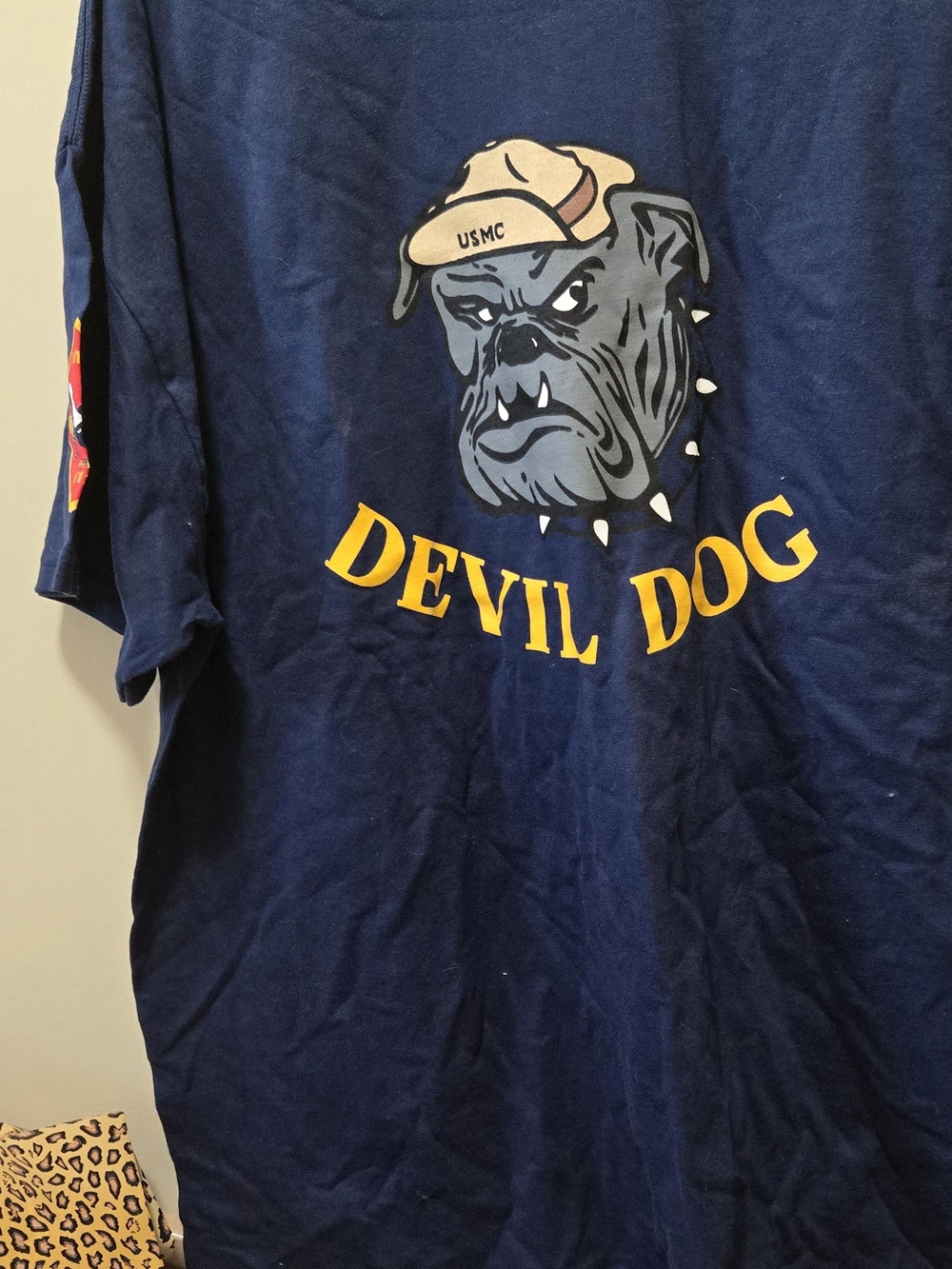 Hanes Navy Blue USMC Devil Dog Graphic Tee with Yellow Print